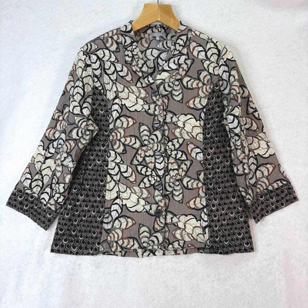 Habitat Rustling Leaves Greige Button Front Shirt Women L Lagenlook Botanic Arty